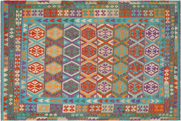 Flat Weave Kilim, Antique, Navaho, Vintage, Handmade, Geometric Kilim Blue Rust Hand-Woven Rectangle 100% Wool Area Rug 7 x 10